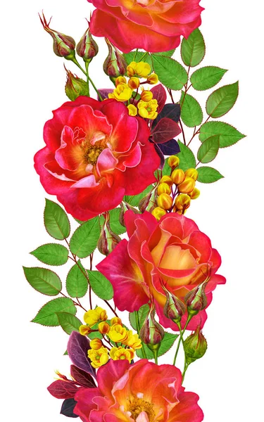 Sömlös Blommönster Röda Stora Rosor Gröna Blad Gula Blommor Lodrät — Stockfoto