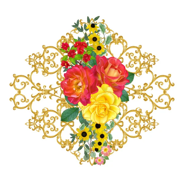 Element Decor Golden Shiny Openwork Form Arabesques Delicate Lace Bouquet — Stock Photo, Image