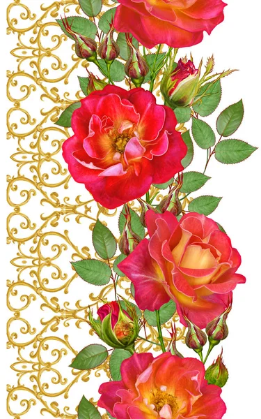 花卉无缝图案 红色的大玫瑰 黄色的花朵 金色质感的卷发 东方风格的花纹 灿烂的花边 镂空编织精致 — 图库照片