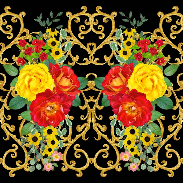 Garland Bouquet Bright Red Roses Yellow Flowers Seamless Pattern Golden — Stock Photo, Image