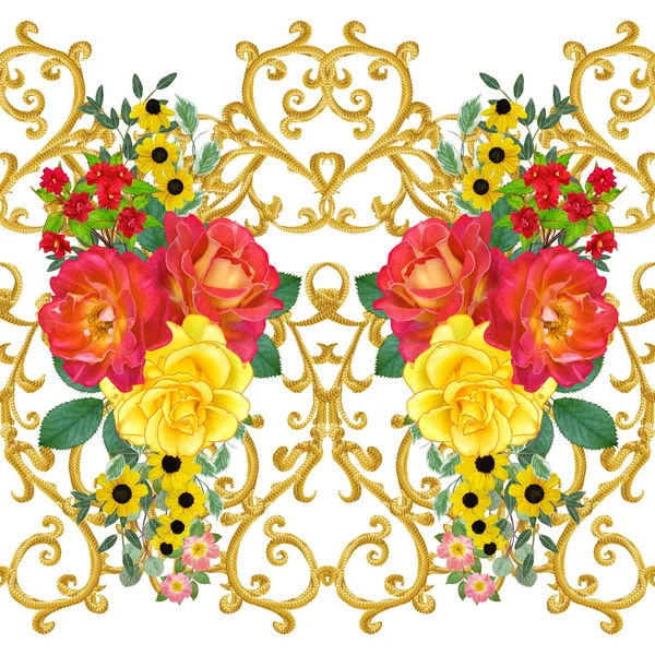 Ghirlanda Bouquet Rose Rosse Brillanti Fiori Gialli Schema Senza Soluzione — Foto Stock