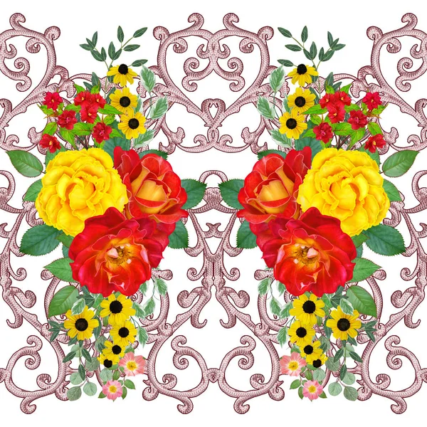 Гирлянда Букет Ярких Красных Роз Желтые Цветы Бесшовный Шаблон Золотистые — стоковое фото