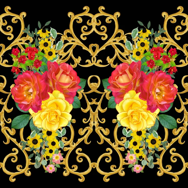 Garland Bouquet Bright Red Roses Yellow Flowers Seamless Pattern Golden — Stock Photo, Image