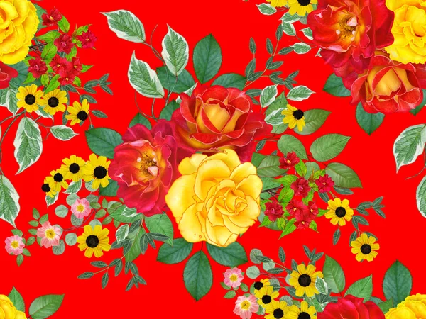 Padrão Sem Costura Floral Rosas Vermelhas Grandes Folhas Verdes Flores — Fotografia de Stock