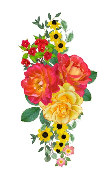 Kompozycja Kwiat Bukiet Jasny Piękny Czerwony Żółty Róż Zielonych Liści — Zdjęcie stockowe