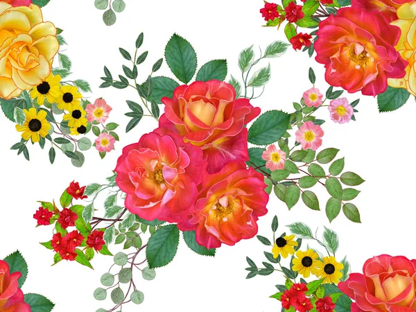 Floral Seamless Pattern Red Large Roses Green Leaves Yellow Flowers — Stock Photo, Image