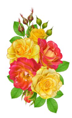 Çiçek kompozisyon. Parlak güzel kırmızı sarı gül buketi, yeşil yaprakları. Beyaz arka plan üzerinde izole.