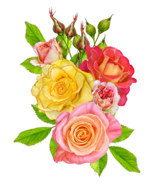 Çiçek kompozisyon. Parlak güzel kırmızı sarı gül buketi, yeşil yaprakları. Beyaz arka plan üzerinde izole.