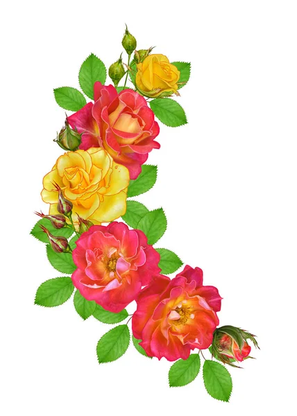 Flower Composition Bouquet Bright Beautiful Red Yellow Roses Green Leaves — Stock Photo, Image