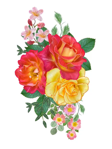 Composición Floral Ramo Hermosas Rosas Rojas Amarillas Brillantes Hojas Verdes — Foto de Stock