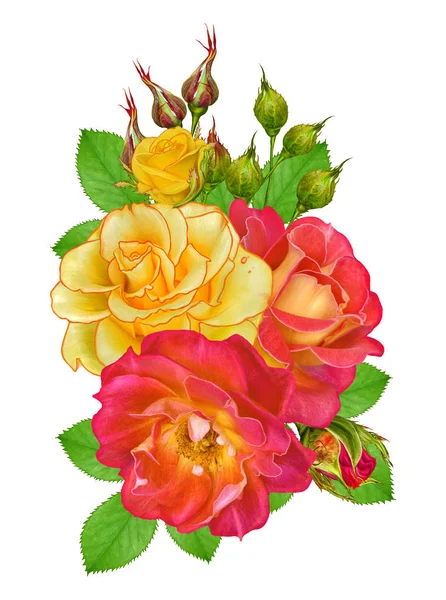 Květinové Kompozice Kytice Zářivě Krásné Červené Žluté Růže Zelené Listy — Stock fotografie