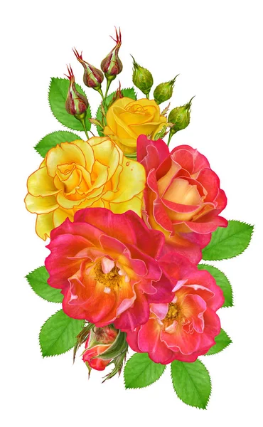 Composição Flor Buquê Belas Rosas Amarelas Vermelhas Brilhantes Folhas Verdes — Fotografia de Stock