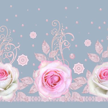 Seamless modeli. Dekoratif dekorasyon, desenli eleman, hassas dokulu yaprak güzel dantel ve inci yapılmış. Parlak bukleler, bud pastel pembe Gül jeweled. Hassas dokuma Ajur.