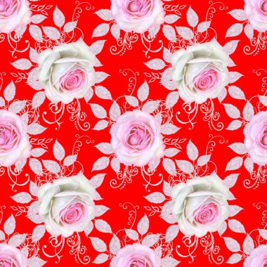 Seamless modeli. Dekoratif dekorasyon, desenli eleman, hassas dokulu yaprak güzel dantel ve inci yapılmış. Parlak bukleler, bud pastel pembe Gül jeweled. Hassas dokuma Ajur.