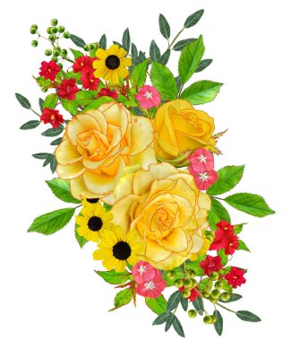 Çiçek kompozisyon. Parlak güzel kırmızı sarı gül buketi, yeşil yaprakları. Beyaz arka plan üzerinde izole.