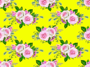 Çiçek seamless modeli. Çiçek kompozisyon. narin pembe güller, tomurcukları, yeşil yapraklar, dallar, buket çilek.