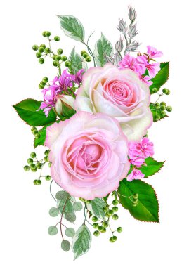 Çiçek kompozisyon. Narin pembe güller, tomurcukları, yeşil yaprakları bir buket. Beyaz arka plan üzerinde izole.