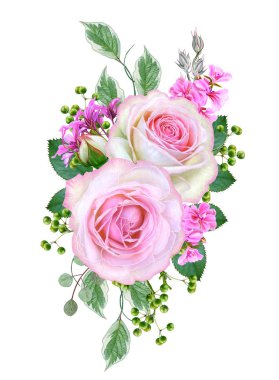 Çiçek kompozisyon. Narin pembe güller, tomurcukları, yeşil yaprakları bir buket. Beyaz arka plan üzerinde izole.