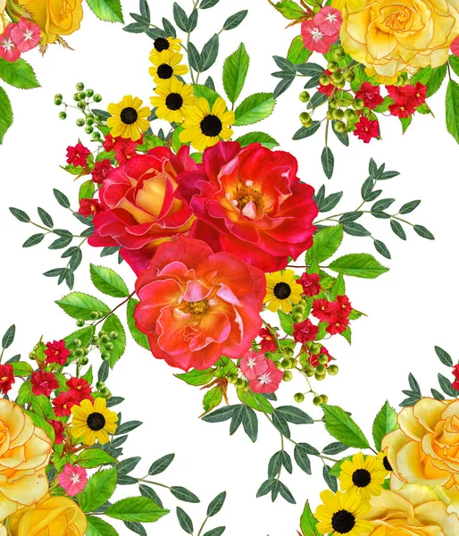 Kwiatowy Wzór Czerwone Róże Duże Zielone Liście Kwiaty Żółte — Zdjęcie stockowe