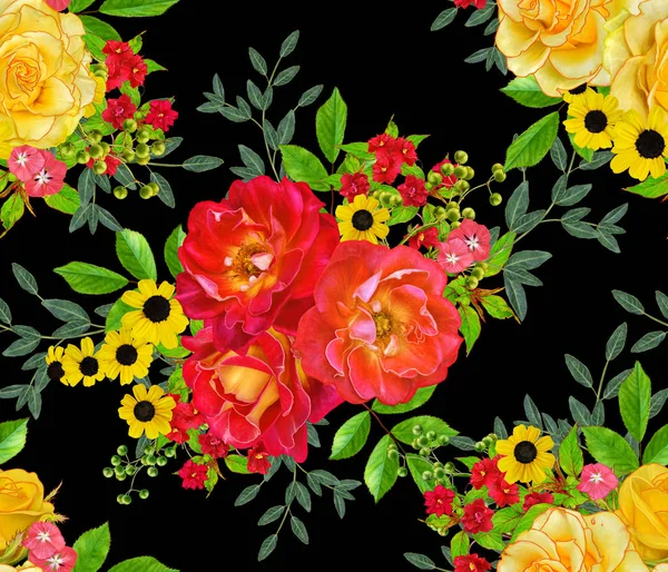 Цветочный Бесшовный Рисунок Красные Большие Розы Зеленые Листья Желтые Цветы — стоковое фото