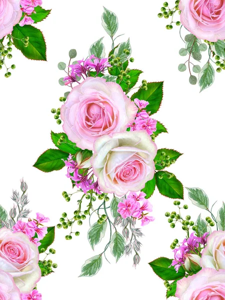 Floral Seamless Pattern Flower Composition Bouquet Delicate Pink Roses Buds — Stock Photo, Image