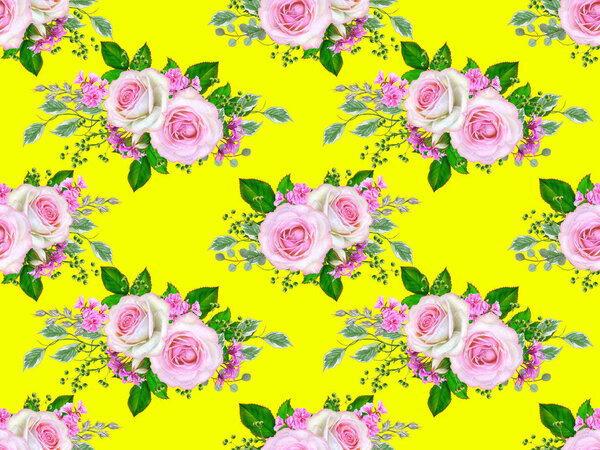 Floral seamless pattern. Flower composition. bouquet of delicate pink roses, buds, green leaves, branches, berries.
