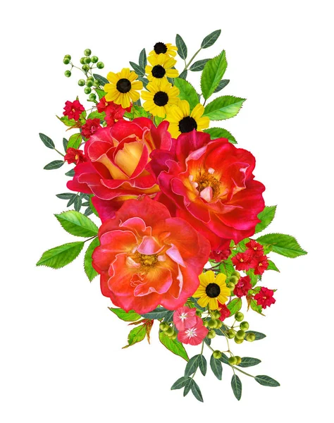 Composición Floral Ramo Hermosas Rosas Rojas Amarillas Brillantes Hojas Verdes — Foto de Stock