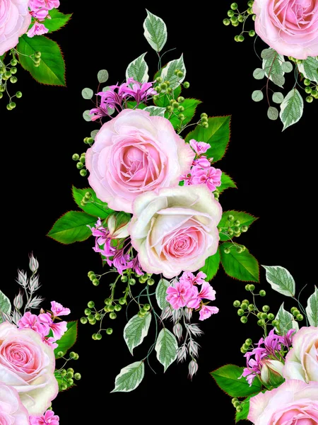 花のシームレスなパターン 花の組成物 果実を枝 緑の葉 繊細なピンクのバラの花束 — ストック写真