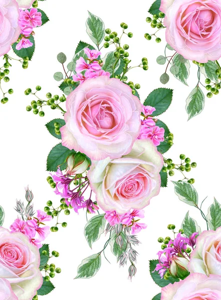 Florales Nahtloses Muster Blütenkomposition Strauß Zartrosa Rosen Knospen Grüne Blätter — Stockfoto