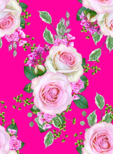 Naadloze Bloemmotief Samenstelling Van Bloem Boeket Van Delicate Roze Rozen — Stockfoto