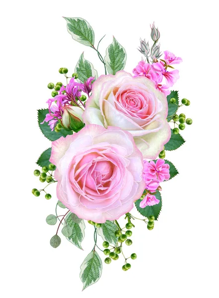 Flower Composition Bouquet Delicate Pink Roses Buds Green Leaves Isolated — Stock Photo, Image