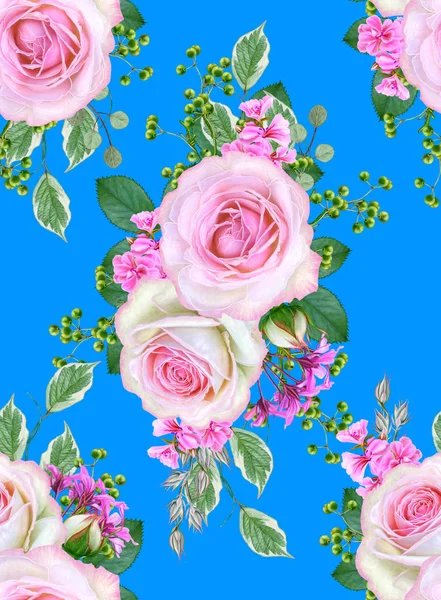 Varrat Nélküli Virágmintás Virág Kompozíció Csokor Finom Rózsaszín Rózsa Rügyek — Stock Fotó