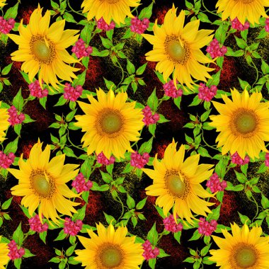 Çiçek seamless modeli. Sarı ayçiçeği, yeşil yaprakları, parlak çiçekler, kelebekler.