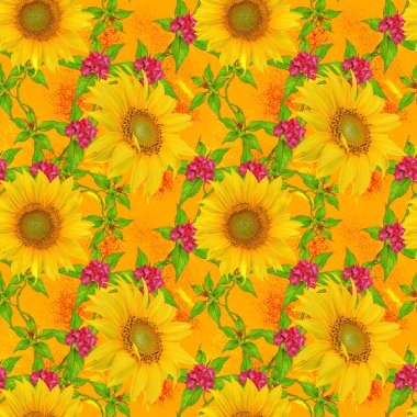 Çiçek seamless modeli. Sarı ayçiçeği, yeşil yaprakları, parlak çiçek.