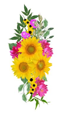 Çiçek kompozisyon. Bir buket sarı ayçiçeği, parlak koyu kırmızı çiçekler, yeşil yaprakları. Beyaz arka plan üzerinde izole.