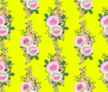 Çiçek seamless modeli. Çiçek kompozisyon. narin pembe güller, tomurcukları, yeşil yapraklar, dallar, buket çilek.