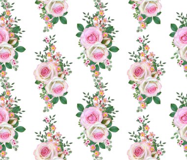 Çiçek seamless modeli. Çiçek kompozisyon. narin pembe güller, tomurcukları, yeşil yapraklar, dallar, buket çilek.