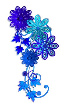 3D render. Mavi kağıt çiçekler, botanik tasarım, çiçek düzenleme, duvar dekorasyonu, kart bileşimi.