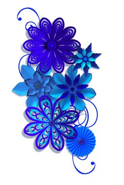 3D render. Mavi kağıt çiçekler, botanik tasarım, çiçek düzenleme, duvar dekorasyonu, kart bileşimi.