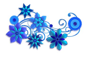 3D render. Mavi kağıt çiçekler, botanik tasarım, çiçek düzenleme, duvar dekorasyonu, kart bileşimi.