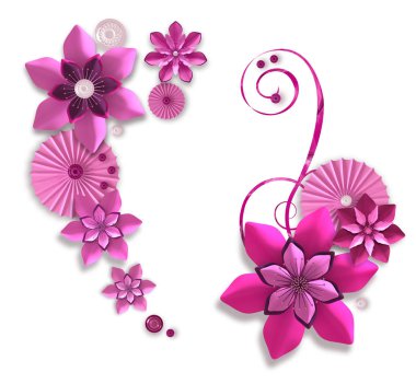 3D render. Pembe lila kağıt çiçekler, botanik tasarım, çiçek düzenleme, duvar dekorasyonu, kart bileşimi.