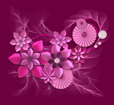 3D render. Pembe lila kağıt çiçekler, botanik tasarım, çiçek düzenleme, duvar dekorasyonu, kart bileşimi.