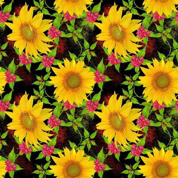 Padrão Sem Costura Floral Girassóis Amarelos Folhas Verdes Flores Brilhantes — Fotografia de Stock