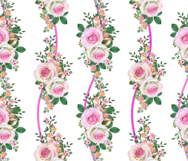 Kwiatowy Wzór Kompozycja Kwiat Bukiet Delikatny Róż Pąki Zielone Liście — Zdjęcie stockowe