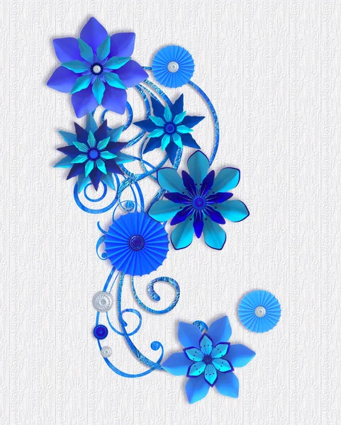 3d rendering. Composition of blue paper flowers, botanical design, floral arrangement, wall decor, card.