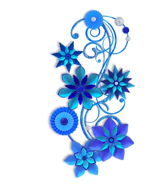 Vykreslování Složení Modré Papírové Květiny Botanické Design Aranžmá Obkladů Karta — Stock fotografie