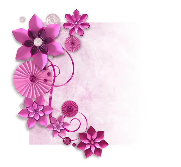 Render Pembe Lila Kağıt Çiçekler Botanik Tasarım Çiçek Düzenleme Duvar — Stok fotoğraf