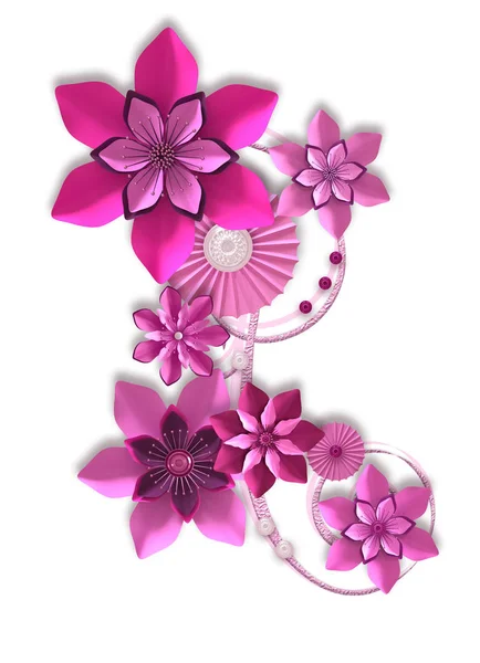 Rendering Samenstelling Van Roze Lila Papieren Bloemen Met Botanische Ontwerp — Stockfoto