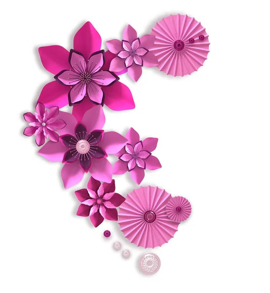 Rendering Samenstelling Van Roze Lila Papieren Bloemen Met Botanische Ontwerp — Stockfoto