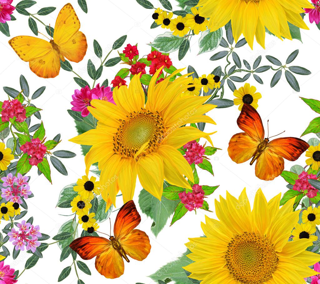 Floral seamless pattern. Yellow sunflowers, green leaves, bright flowers, butterfly